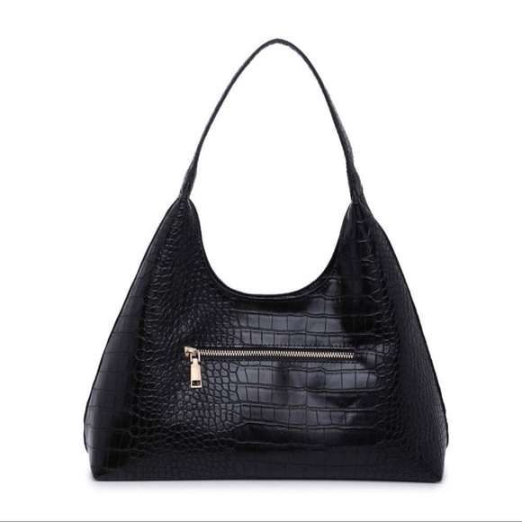 NWT Black Vegan Leather Croc Design Hobo - Picture 6 of 8